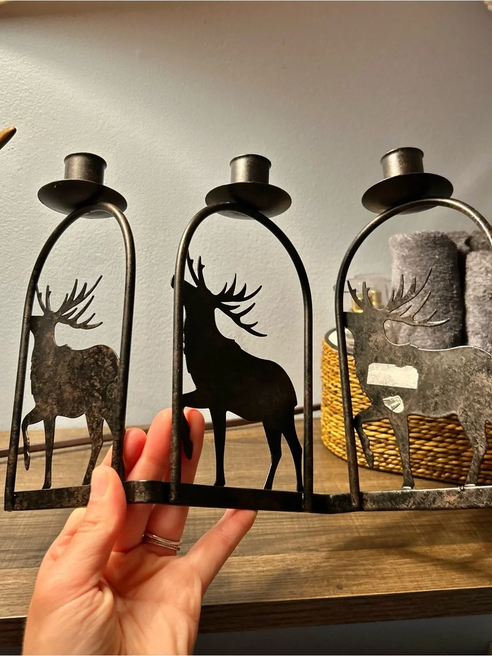 Festive Rustic Metal Cabin Buck Deer Triple Candlestick Holder